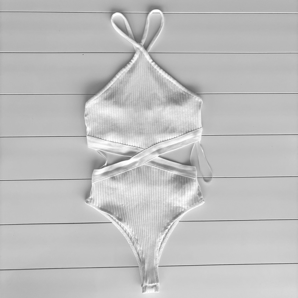 ZARA White Ribbed Cut-out Bodysuit